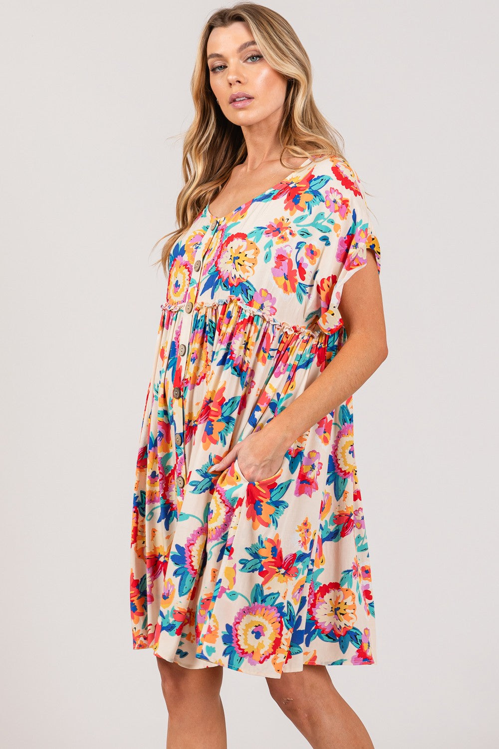 Full Size Floral Button-Down Short Sleeve Dress by SAGE + FIG