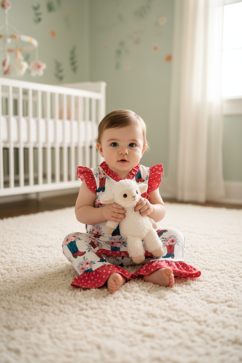 Children's romper with floral and boot pattern on a white background