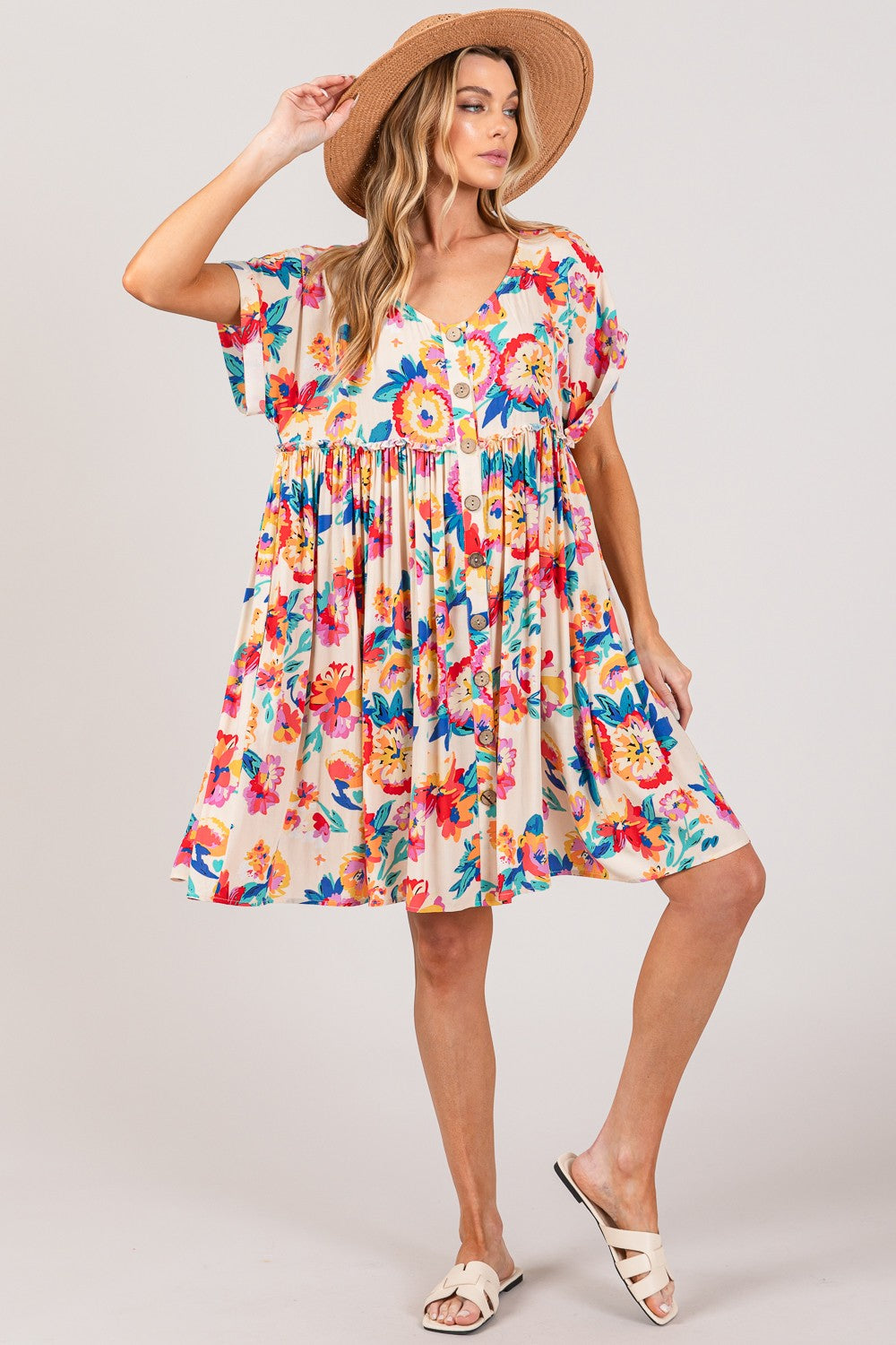 Full Size Floral Button-Down Short Sleeve Dress by SAGE + FIG