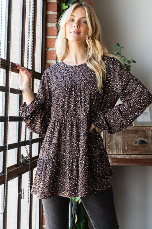 Heimish Leopard Long Sleeve Tiered Blouse