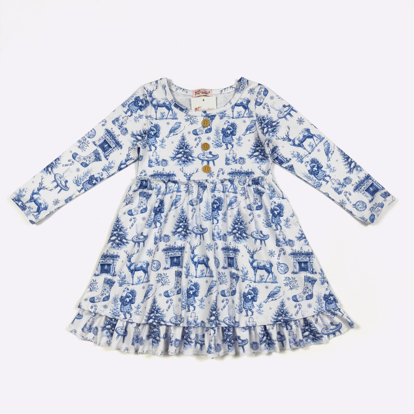 Children's dress with blue and white pattern on a white background