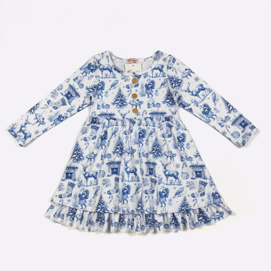 Children's dress with blue and white pattern on a white background