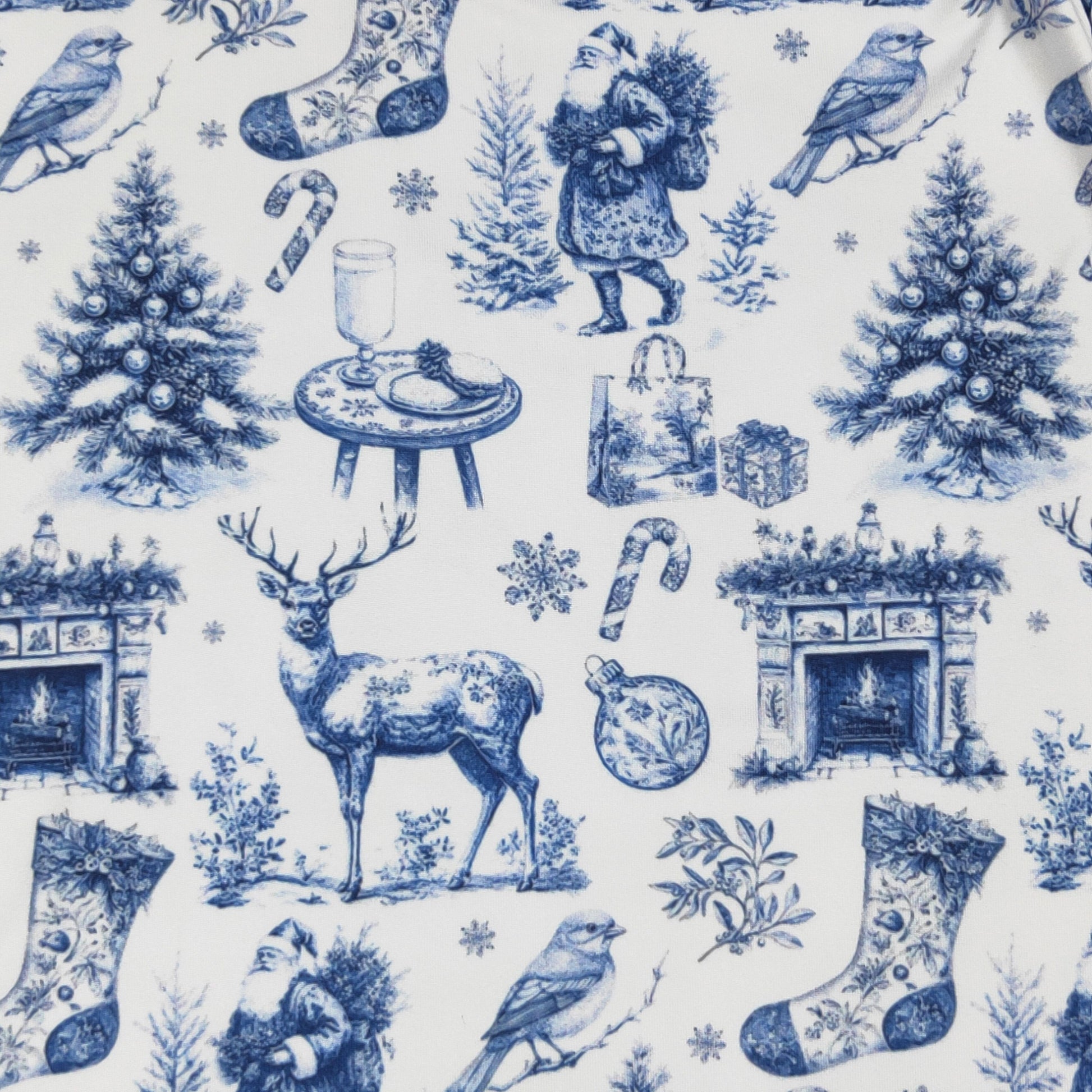 Christmas-themed fabric pattern with blue reindeer, trees, and other festive elements on a white background.