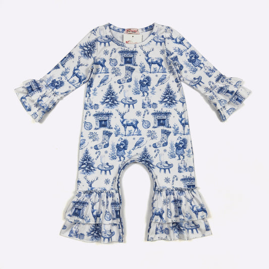 Baby romper with blue and white Christmas-themed pattern on a white background