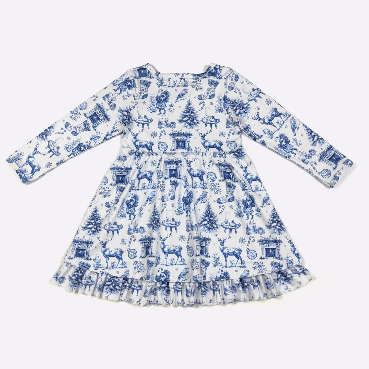 White dress with blue festive pattern on a white background