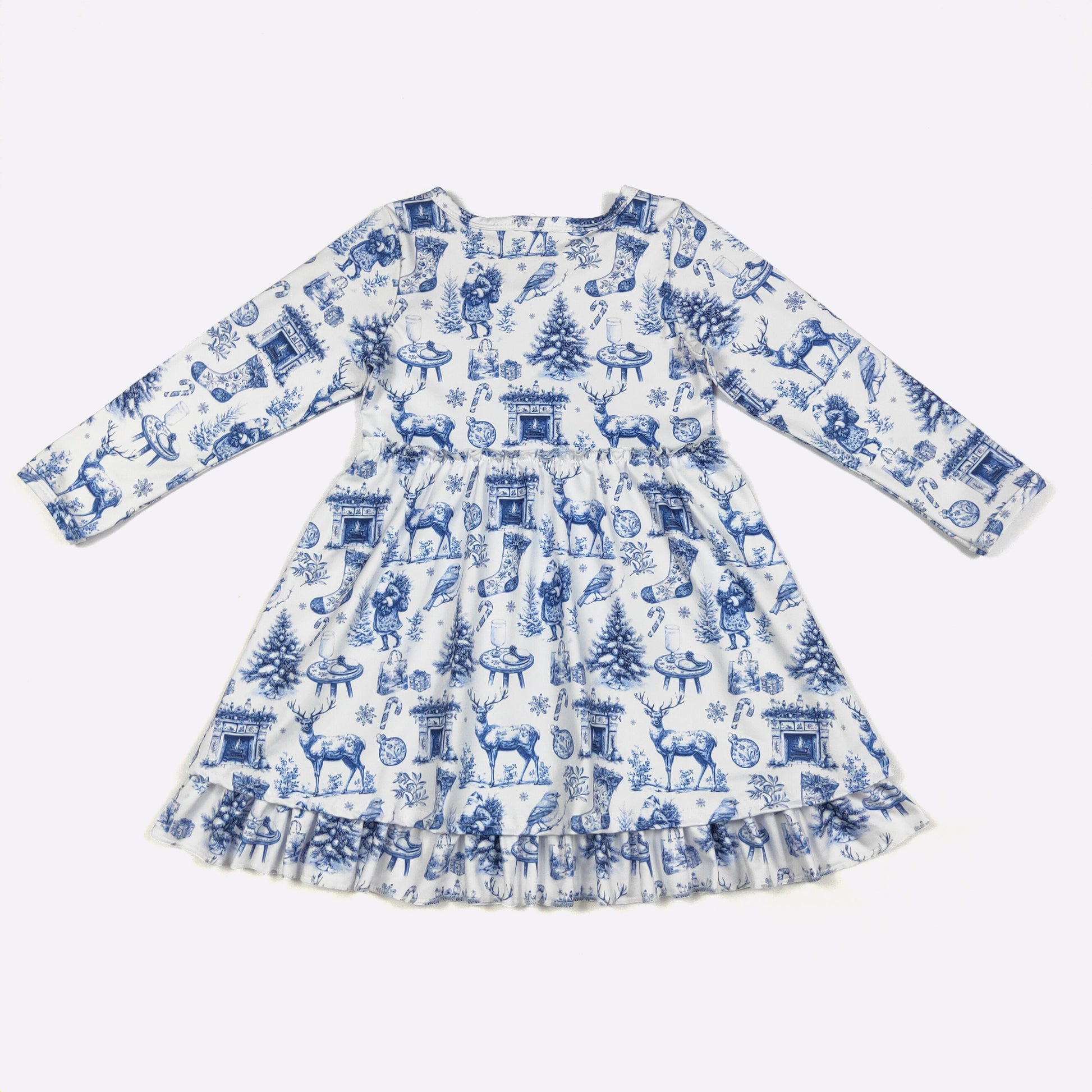 White dress with blue festive pattern on a white background