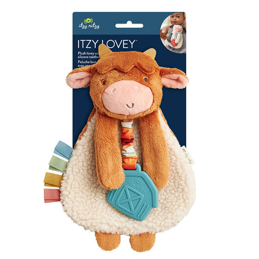 Plush toy with a blue teether and packaging labeled 'Itzy Lovey' on a white background