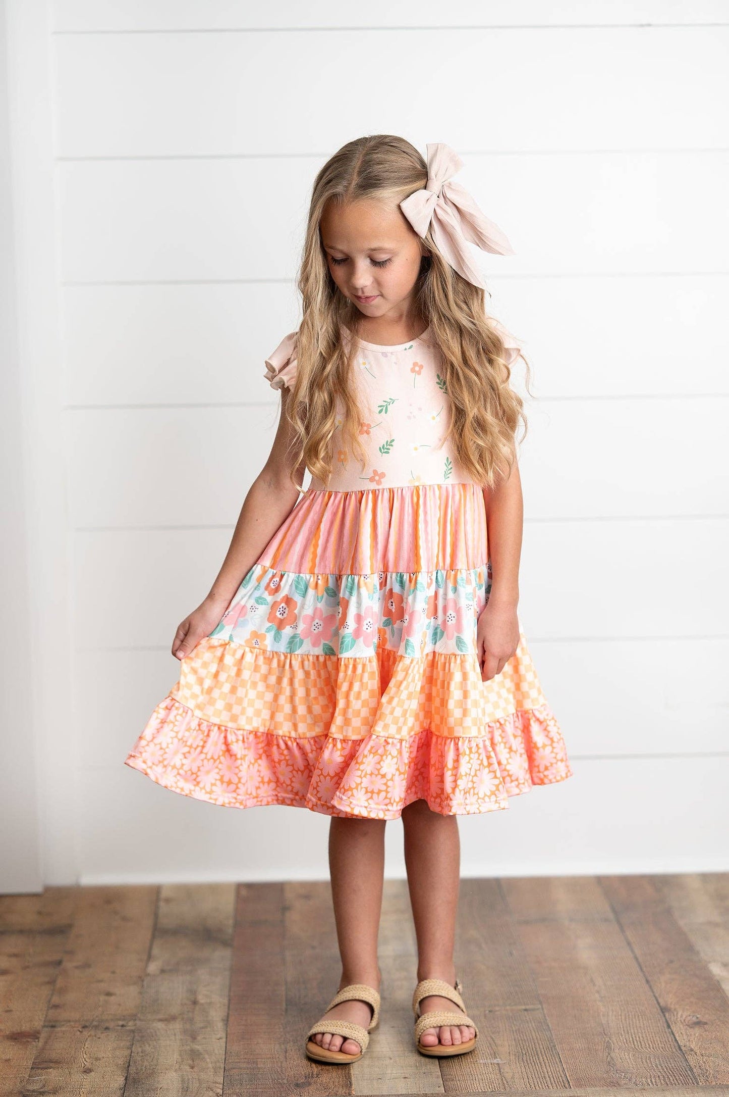 Ava Peach Retro Floral Tiered Dress