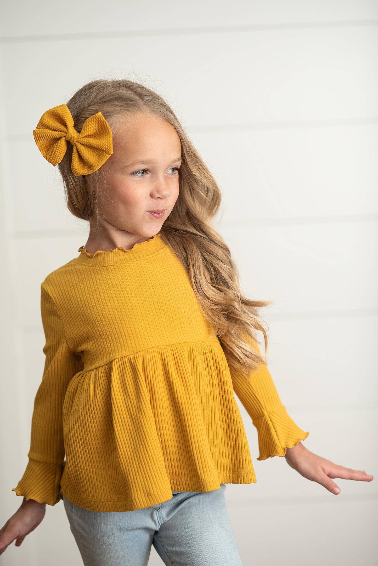 Kids Mustard Lettuce Trim Ribbed Fall Shirt