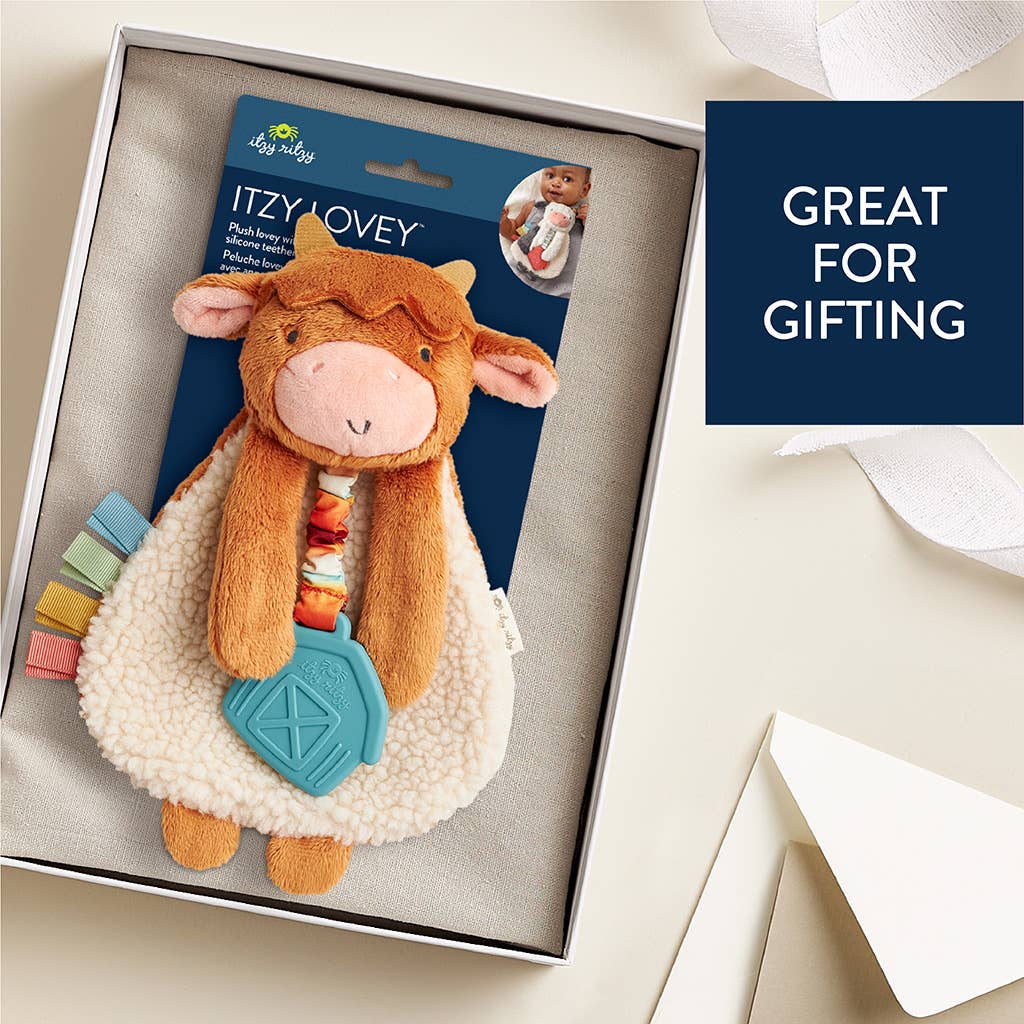 Plush toy with packaging labeled 'Itzy Lovey' in a box, with text 'Great for gifting'.