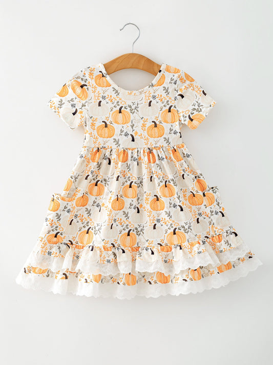 Fall Orange Girls Pumpkin Patch Pockets Dress Lace Trim