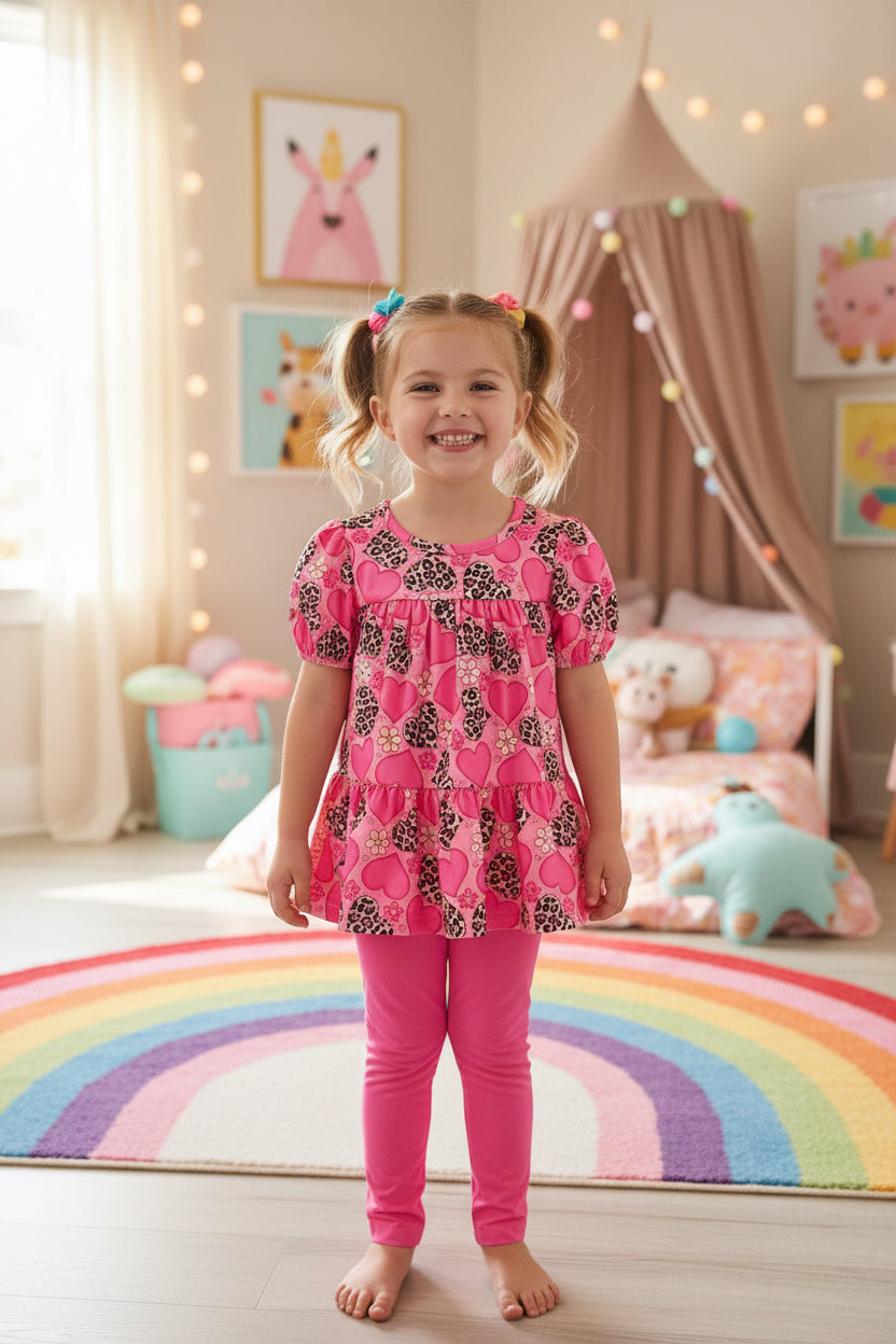 Pink children's dress with heart and leopard print pattern and matching pink leggings on a wooden surface.