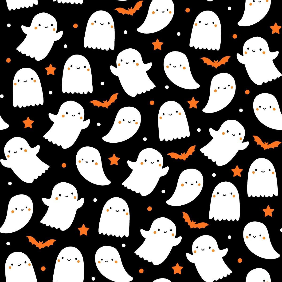 Pattern of white ghosts with orange bats and stars on a black background