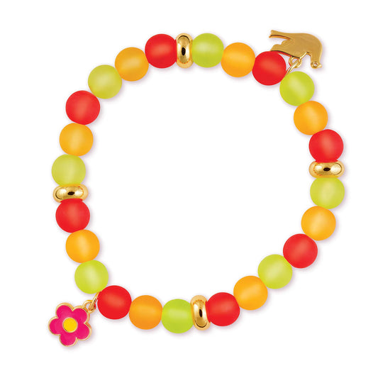 Colorful beaded bracelet with gold accents and a flower charm on a white background