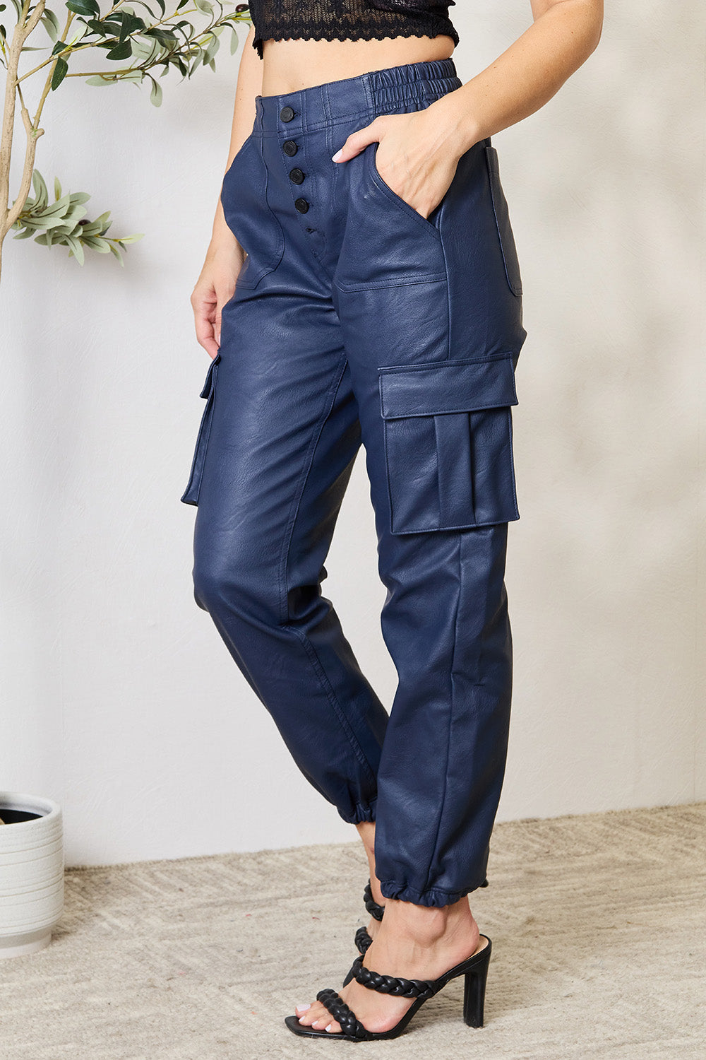 High Waist Faux Leather Cargo Joggers by Kancan