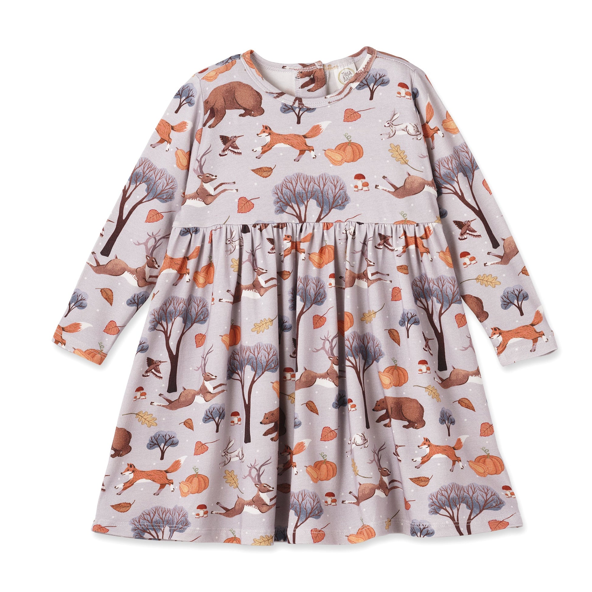 Children's dress with forest animal print on a white background