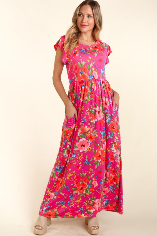 Floral Ruffled Round Neck Cap Sleeve Dress