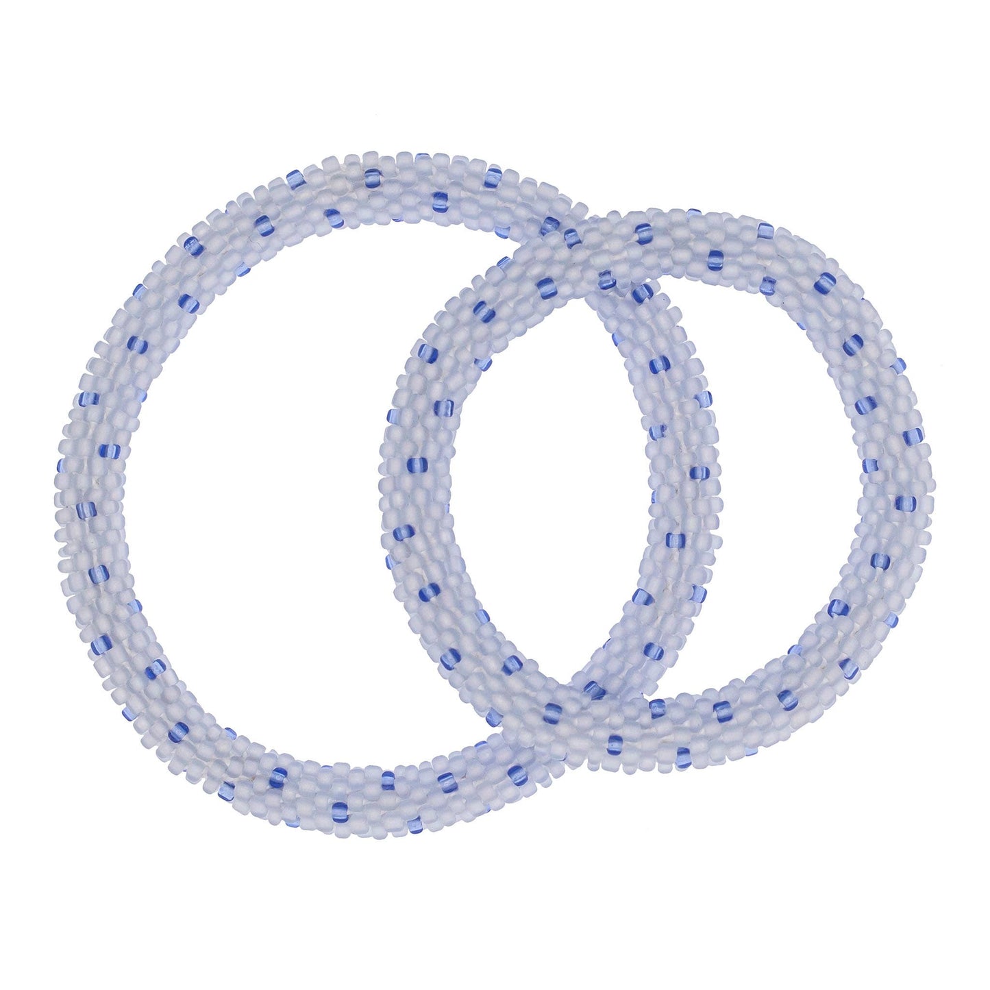 Two white beaded bracelets with blue beads on a white background