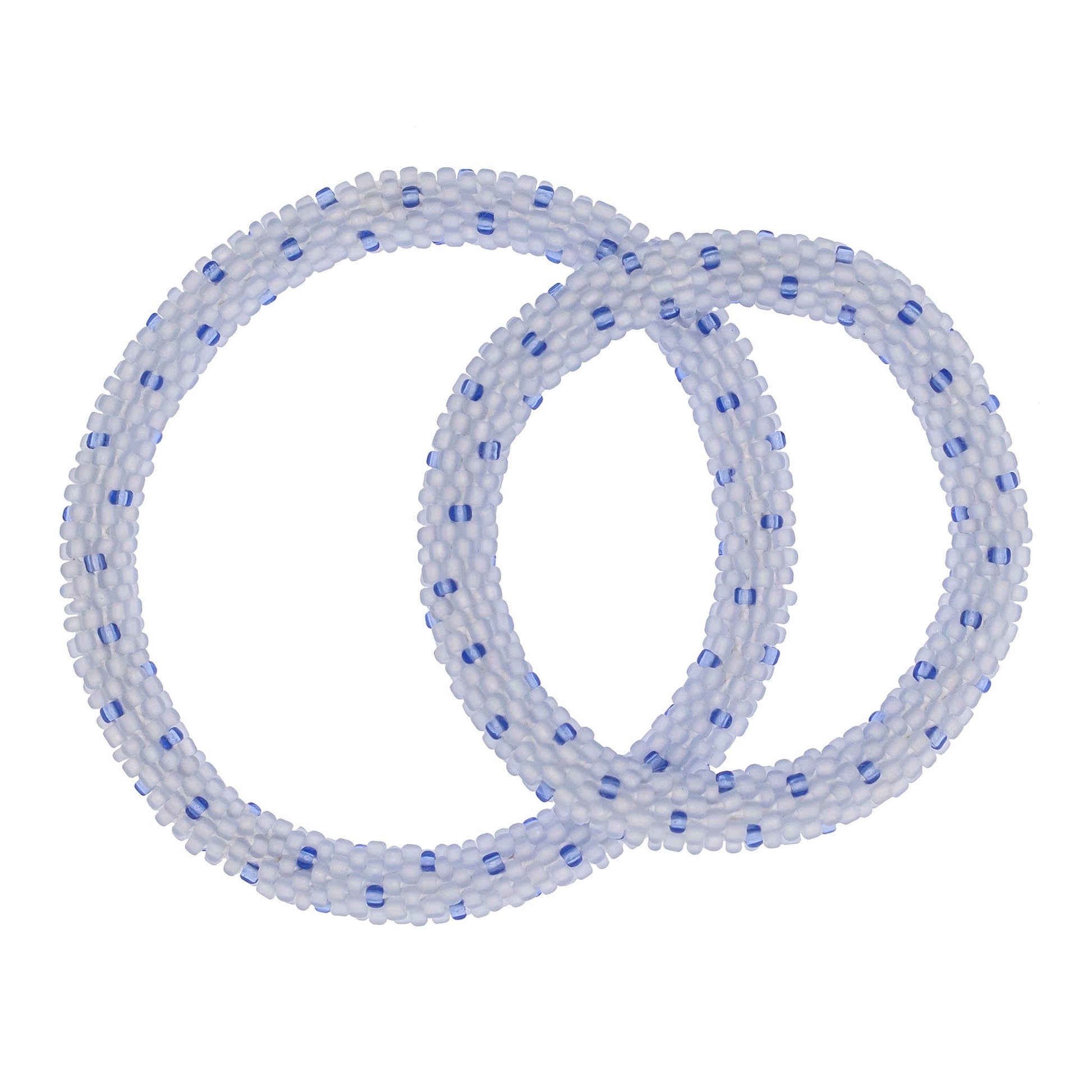 Two white beaded bracelets with blue beads on a white background