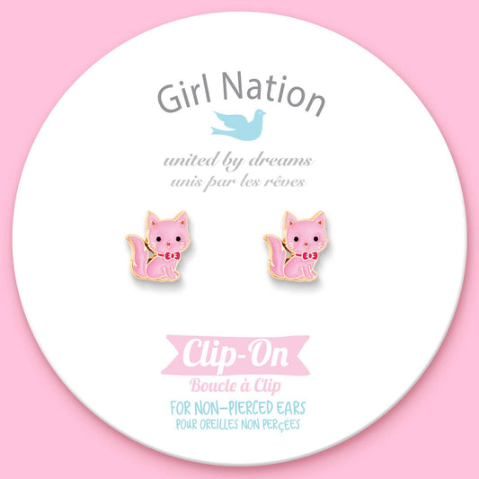 Pink cat-shaped clip-on earrings on a 'Girl Nation' branded card with a pink background.