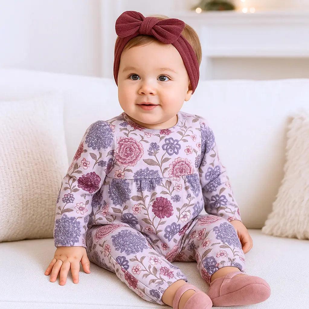 Baby wearing a floral onesie and headband sitting on a white couch.