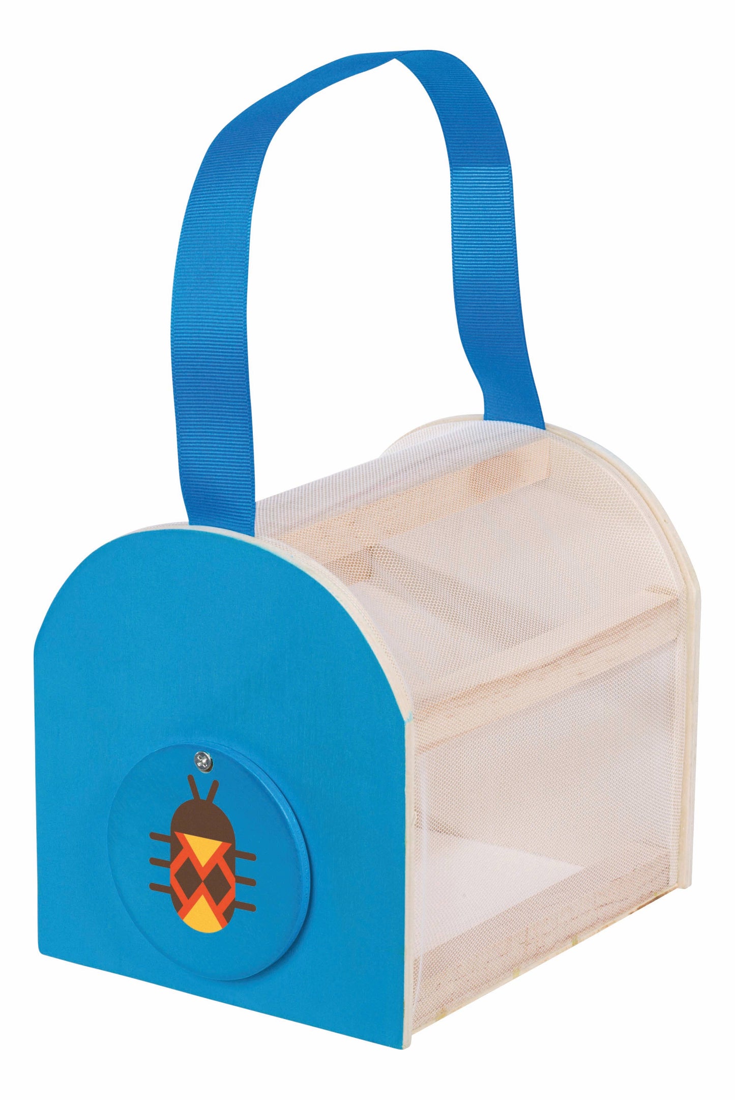 Blue and wooden box with a beetle design on a white background