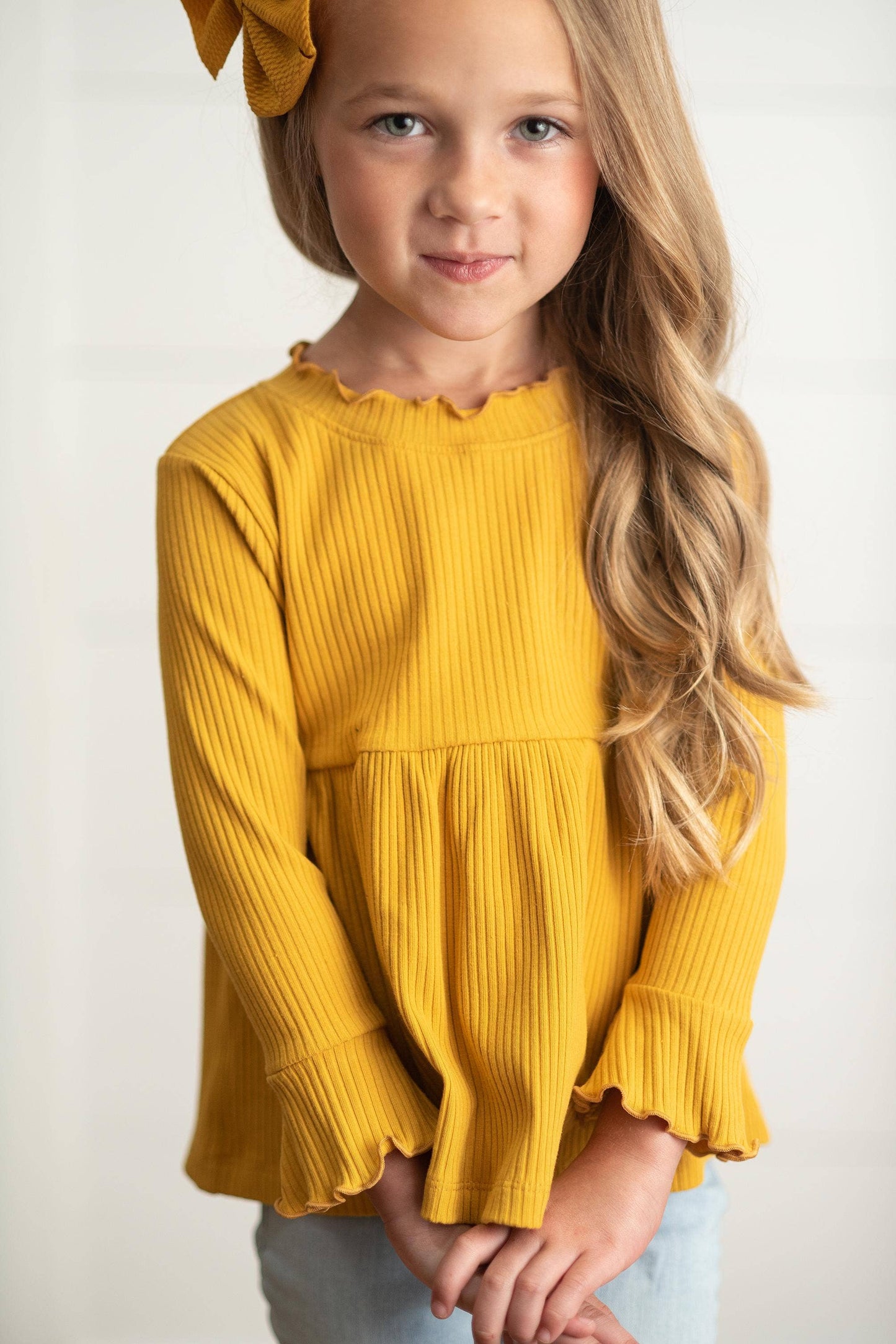 Kids Mustard Lettuce Trim Ribbed Fall Shirt