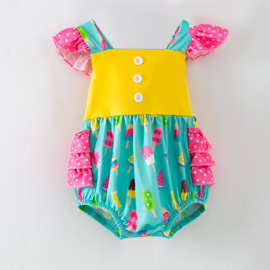 Colorful baby romper with ice cream pattern on a white background