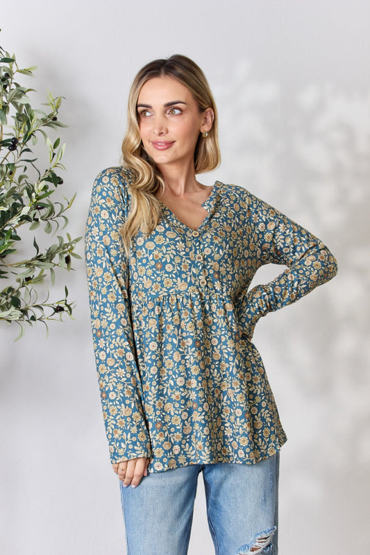 Full Size Floral Half Button Long Sleeve Blouse by Heimish