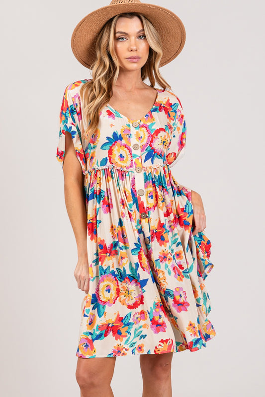 Full Size Floral Button-Down Short Sleeve Dress by SAGE + FIG