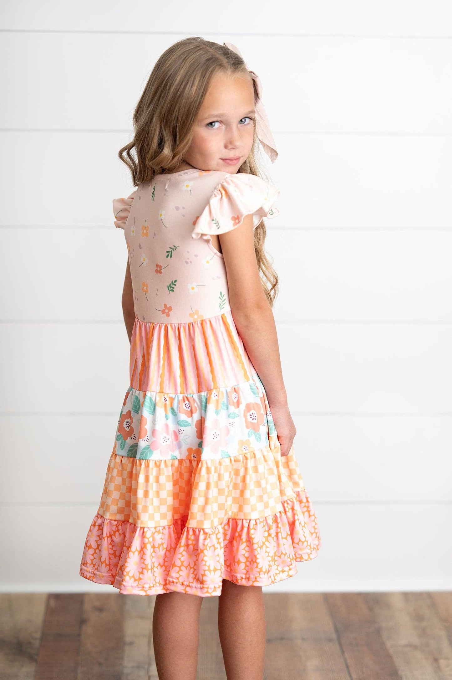 Ava Peach Retro Floral Tiered Dress