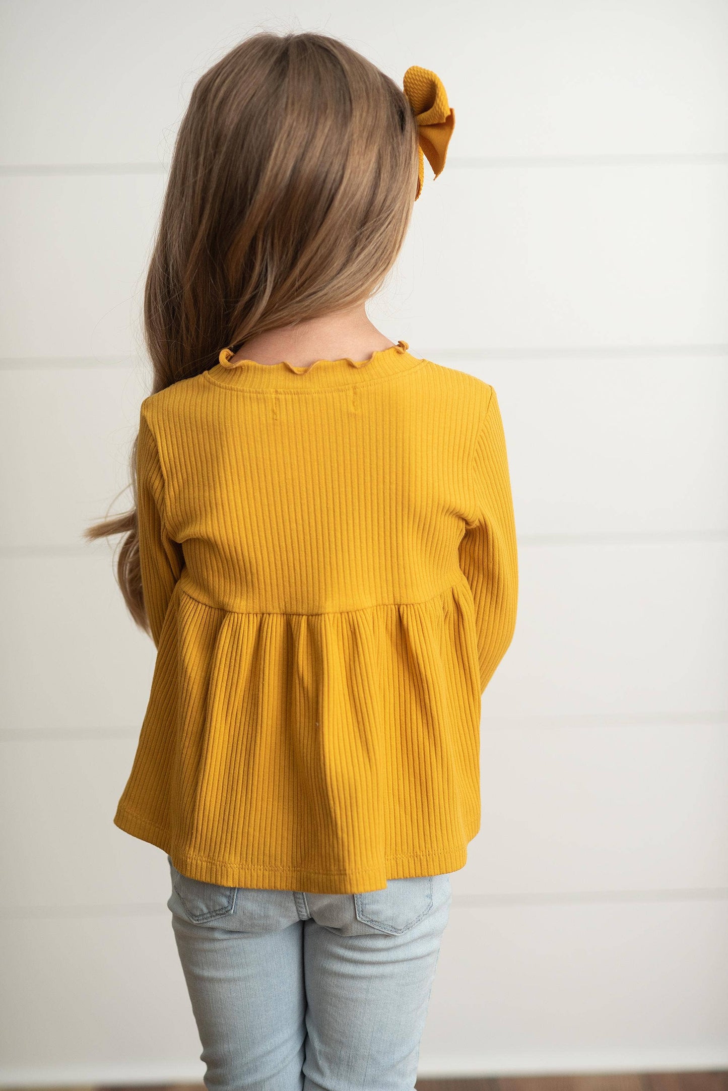 Kids Mustard Lettuce Trim Ribbed Fall Shirt