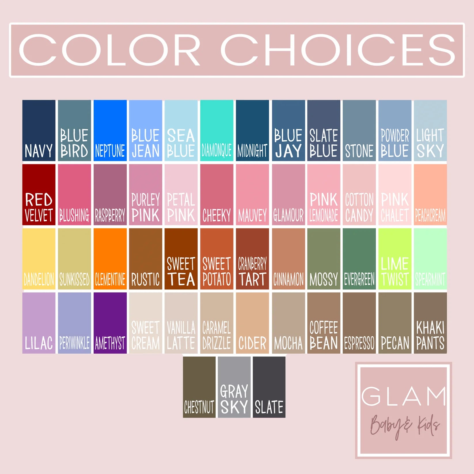 Color swatch chart with names on a pink background, featuring the brand 'Glam Baby & Kids'.