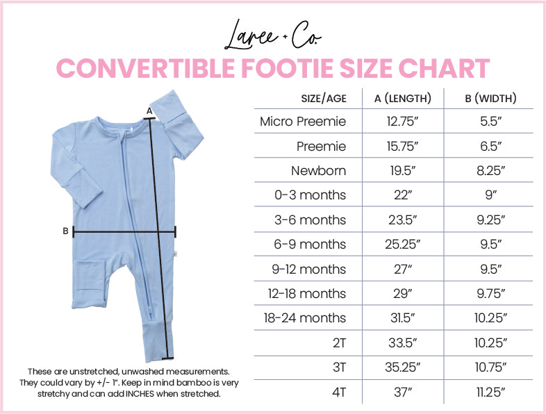 A Laree Co. convertible footie size chart graphic showing a light blue baby romper with measurement lines labeled A and B, alongside a size/age table with length and width measurements from Micro Preemie to 4T.
