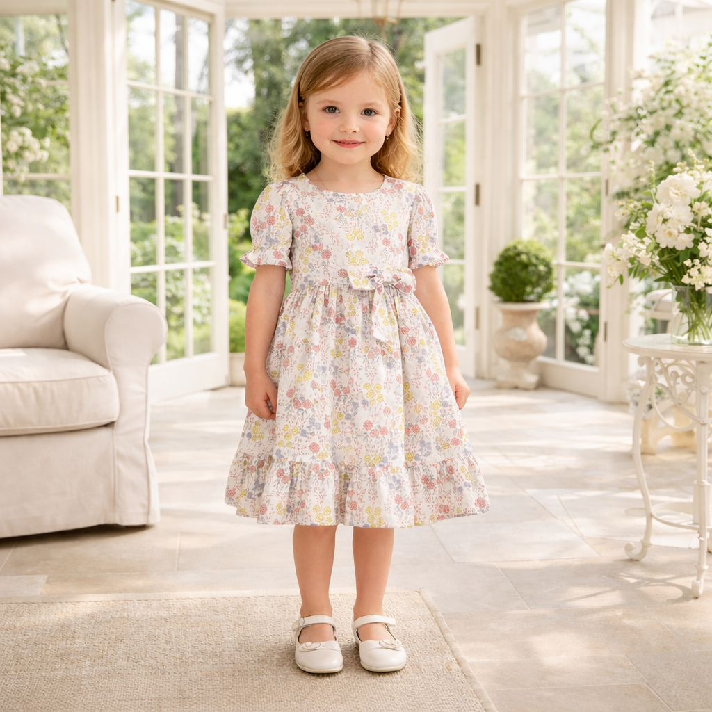 Cotton Floral Gauze Dress with Bow