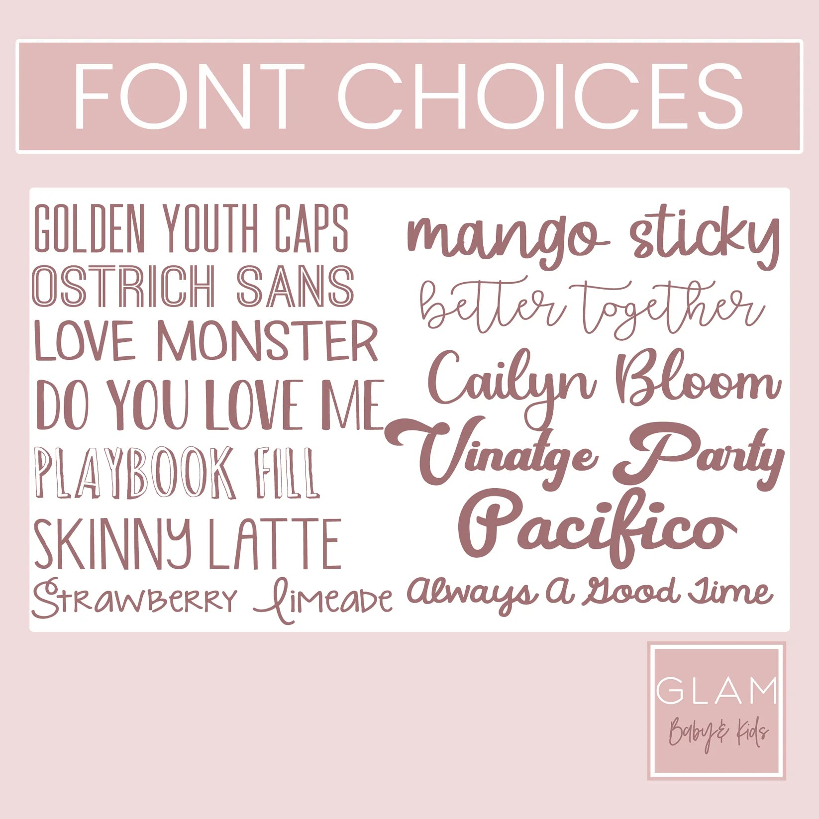 List of font choices on a pink background with 'Glam Beauty Kids' branding.