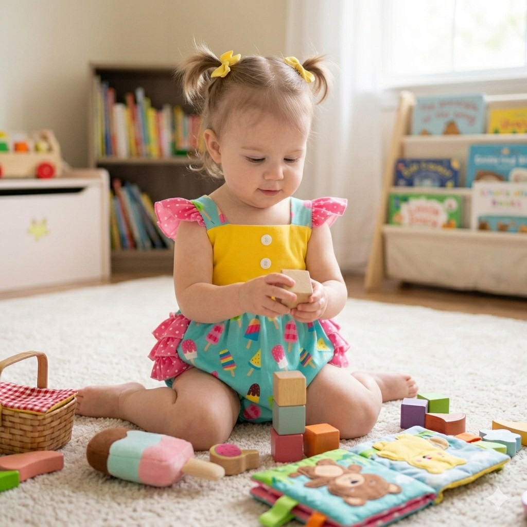 Child playing with toys in a room filled with books and educational materials