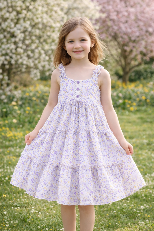 Spring Floral Girls Ruffle Bow Spaghetti Strap Dress