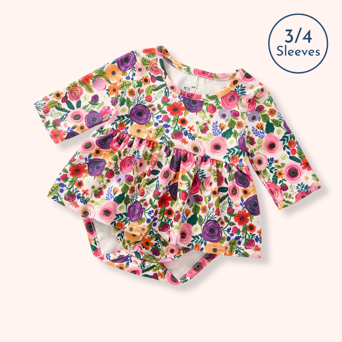 Floral dress with 3/4 sleeves on a white background