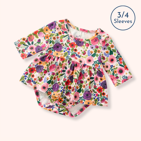 Floral dress with 3/4 sleeves on a white background