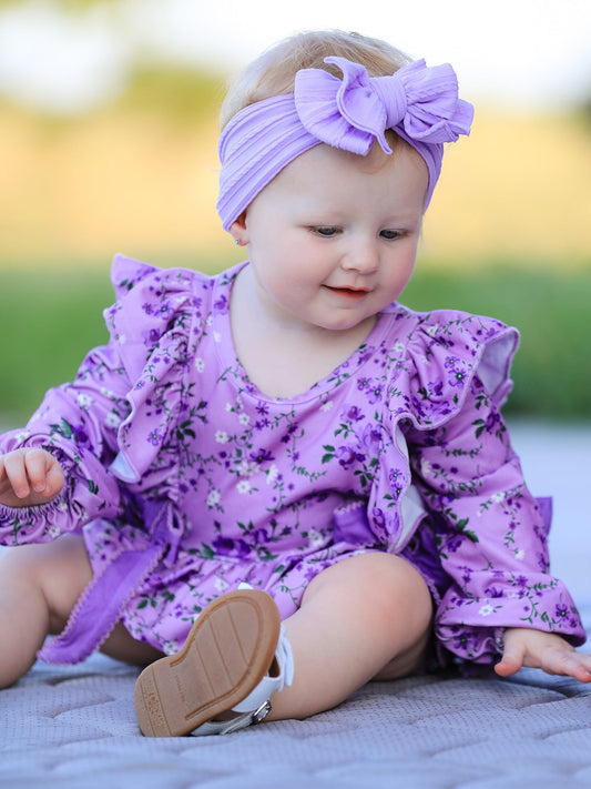 Fall Lavender Floral Print Girls Long Sleeve Romper