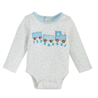 Baby onesie with a train design on a white background