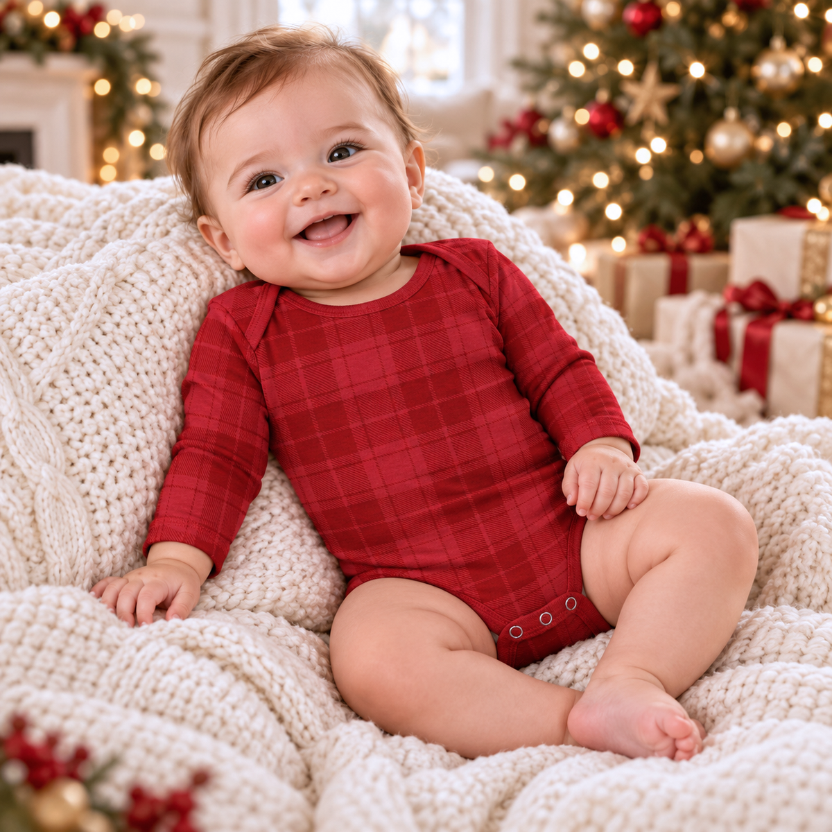 Red Plaid Baby Bodysuit In Soft Cotton Rib - Holiday One Piece