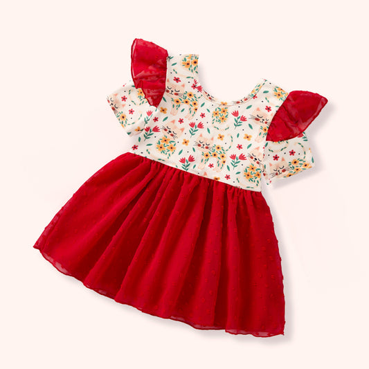 Red dress with floral top on a white background