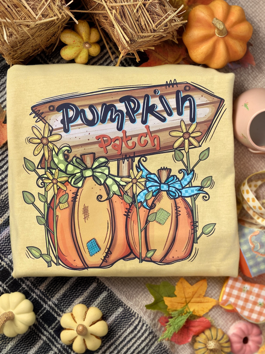 Decorative box with 'Pumpkin Patch' design on a fall-themed background
