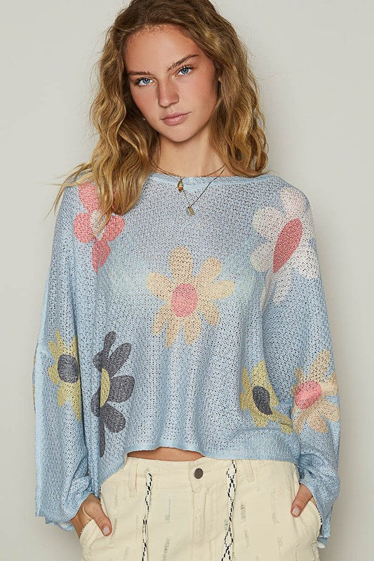 Flower Dropped Shoulder Long Sleeve Knit Top by POL