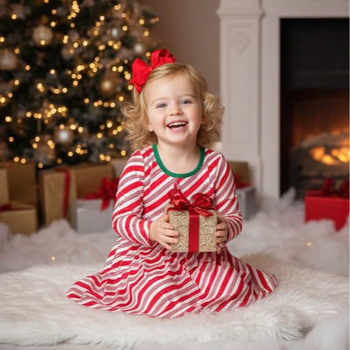 Collage of a young girl in a red and white striped dress with a bow, posing in front of a Christmas tree and fireplace.