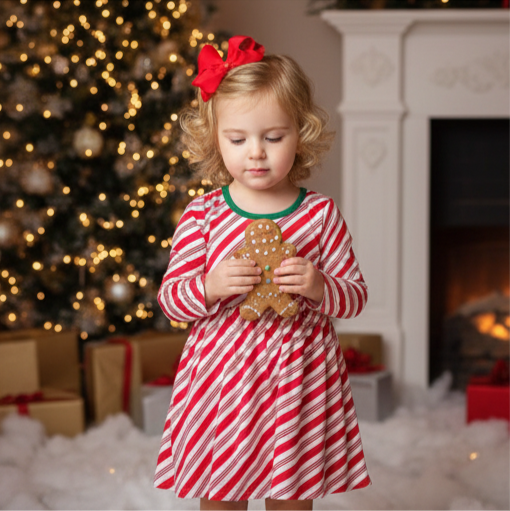 Collage of a young girl in a red and white striped dress with a bow, posing in front of a Christmas tree and fireplace.