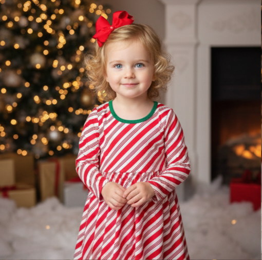 Collage of a young girl in a red and white striped dress with a bow, posing in front of a Christmas tree and fireplace.