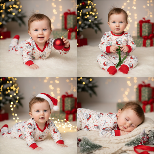 Collage of a baby in Christmas-themed pajamas with festive decorations.